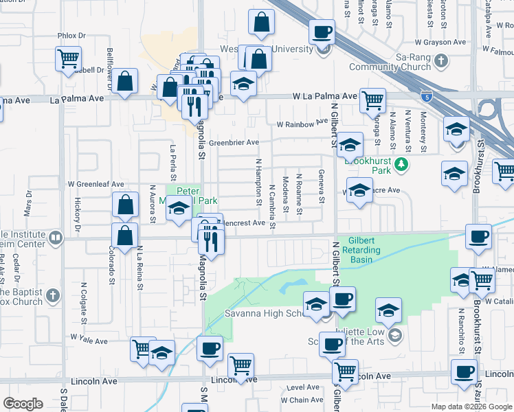 map of restaurants, bars, coffee shops, grocery stores, and more near 727 North Cambria Street in Anaheim