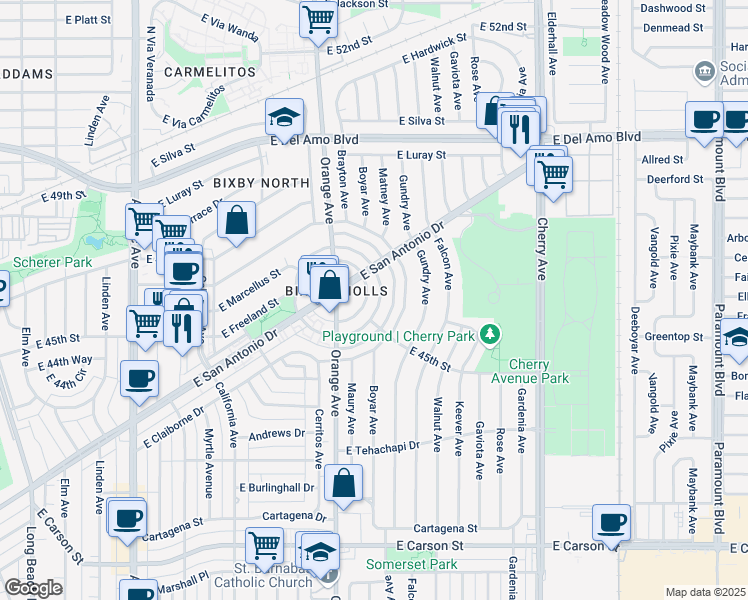 map of restaurants, bars, coffee shops, grocery stores, and more near 4559 North Banner Drive in Long Beach