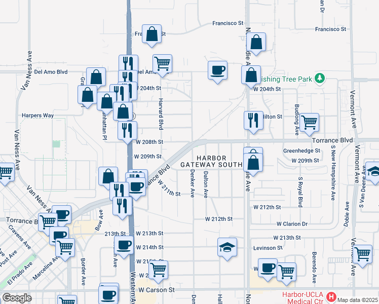 map of restaurants, bars, coffee shops, grocery stores, and more near 20812 Denker Avenue in Torrance