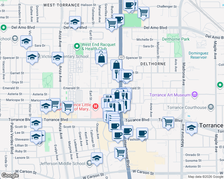 map of restaurants, bars, coffee shops, grocery stores, and more near 20725 Hawthorne Boulevard in Torrance