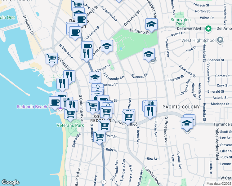 map of restaurants, bars, coffee shops, grocery stores, and more near 111 South Guadalupe Avenue in Redondo Beach