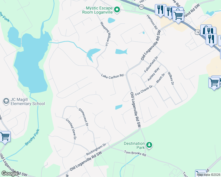 map of restaurants, bars, coffee shops, grocery stores, and more near 4015 Hogans Mill Lane in Loganville