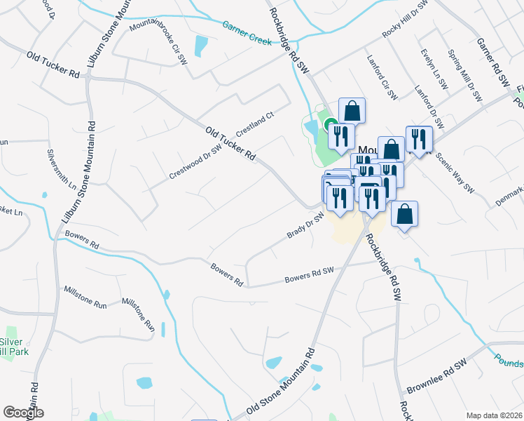map of restaurants, bars, coffee shops, grocery stores, and more near 5589 Beechwood Drive Southwest in Stone Mountain