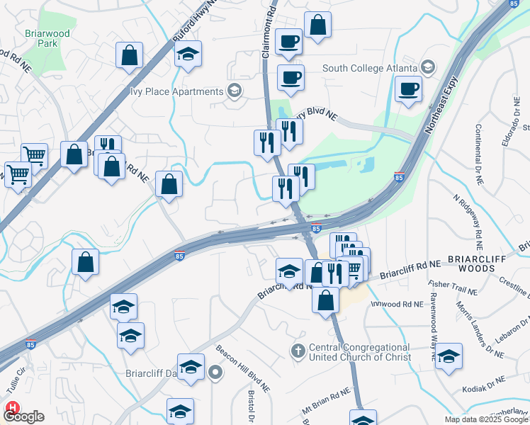 map of restaurants, bars, coffee shops, grocery stores, and more near 2900 Clairmont Road in Atlanta