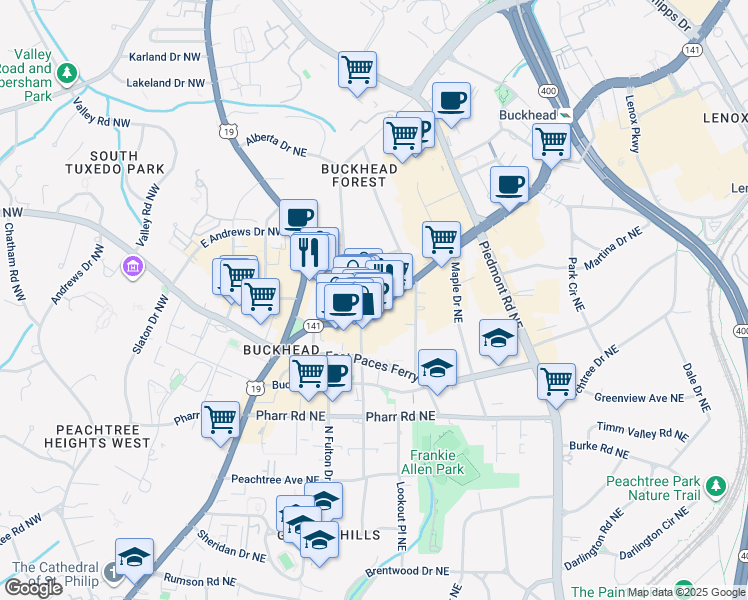 map of restaurants, bars, coffee shops, grocery stores, and more near 3165 Mathieson Drive Northeast in Atlanta