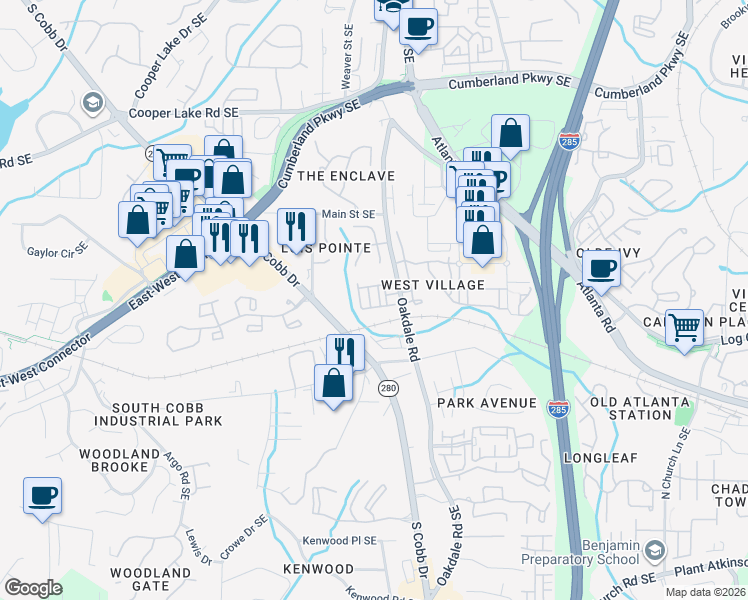 map of restaurants, bars, coffee shops, grocery stores, and more near 4668 West Village Drive in Smyrna
