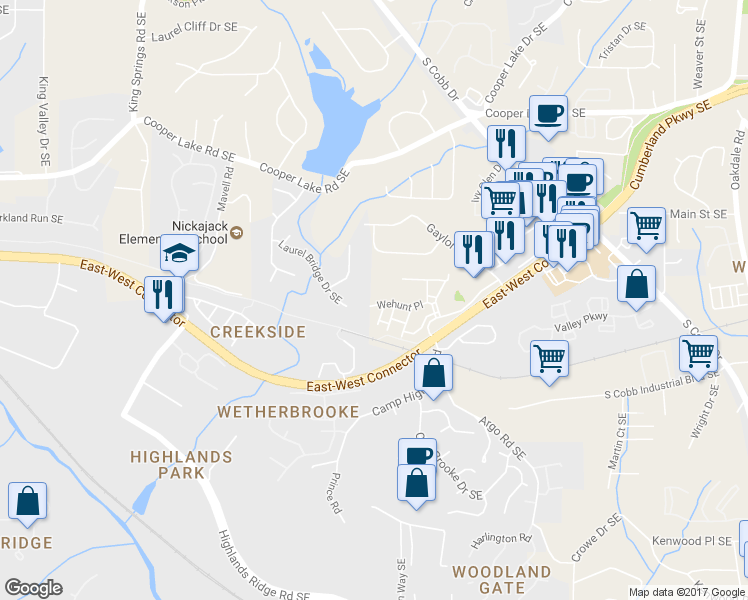 map of restaurants, bars, coffee shops, grocery stores, and more near 1607 Wehunt Place in Smyrna