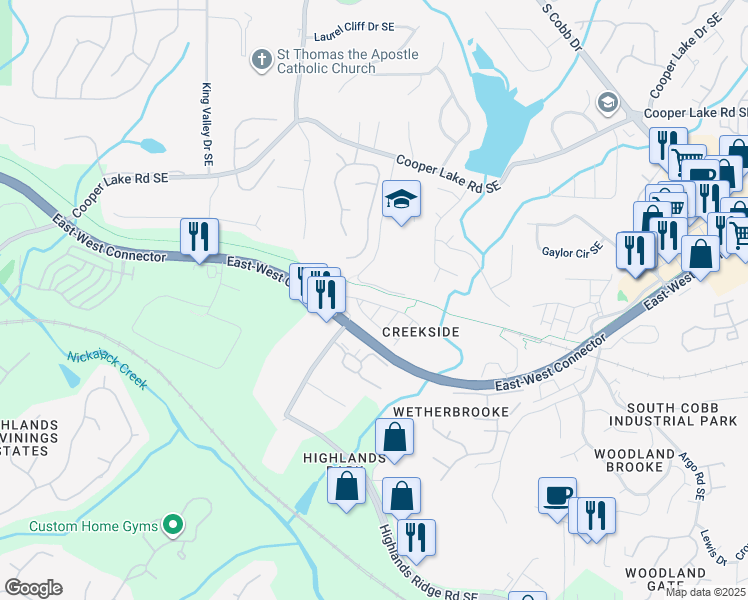 map of restaurants, bars, coffee shops, grocery stores, and more near 1243 Creekside Place Southeast in Smyrna
