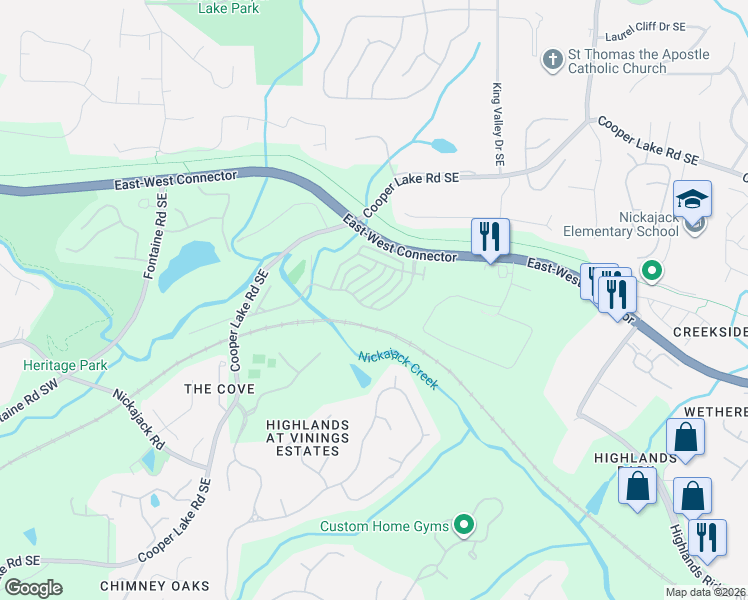 map of restaurants, bars, coffee shops, grocery stores, and more near 4409 Felix Way Southeast in Smyrna