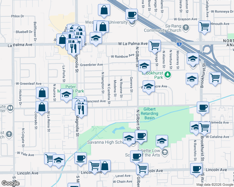 map of restaurants, bars, coffee shops, grocery stores, and more near 718 Modena Street in Anaheim