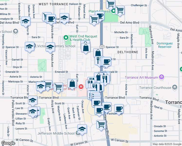 map of restaurants, bars, coffee shops, grocery stores, and more near 3922 Emerald Street in Torrance