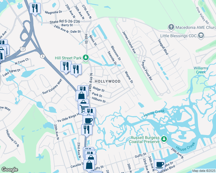 map of restaurants, bars, coffee shops, grocery stores, and more near 2517 Douglas Street in North Myrtle Beach