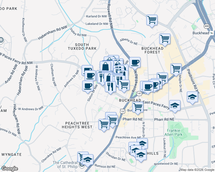 map of restaurants, bars, coffee shops, grocery stores, and more near 99 West Paces Ferry Road Northwest in Atlanta