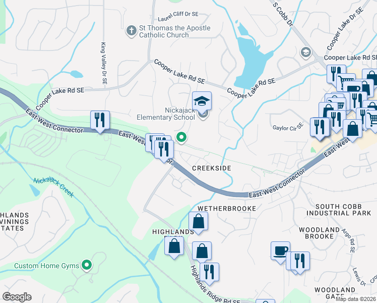 map of restaurants, bars, coffee shops, grocery stores, and more near 1243 Creekside Place Southeast in Smyrna