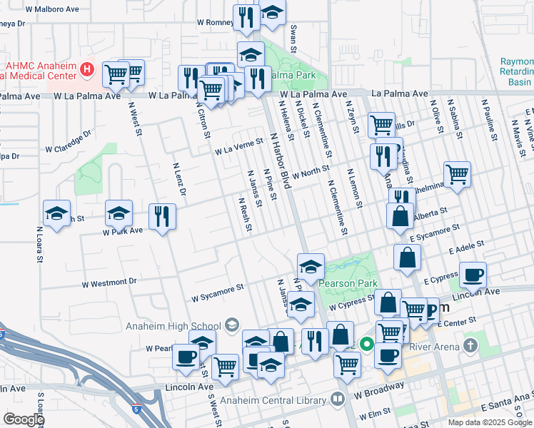 map of restaurants, bars, coffee shops, grocery stores, and more near 733 North Janss Street in Anaheim