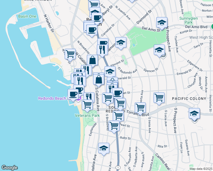 map of restaurants, bars, coffee shops, grocery stores, and more near 116 South Broadway in Redondo Beach