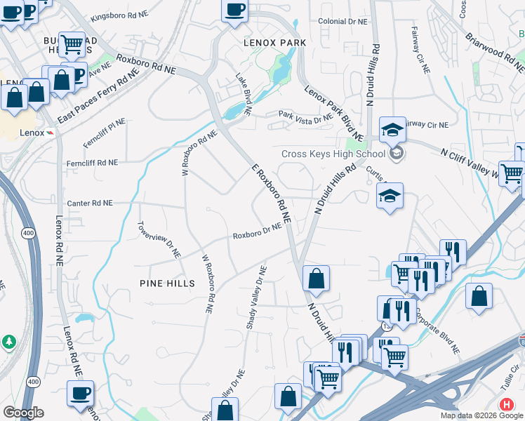 map of restaurants, bars, coffee shops, grocery stores, and more near 1996 East Roxboro Road Northeast in Atlanta