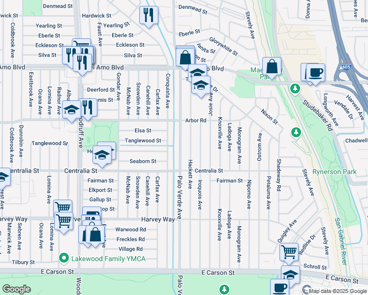 map of restaurants, bars, coffee shops, grocery stores, and more near 4603 Hackett Avenue in Lakewood