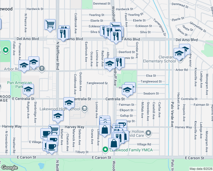 map of restaurants, bars, coffee shops, grocery stores, and more near 4563 Albury Avenue in Lakewood