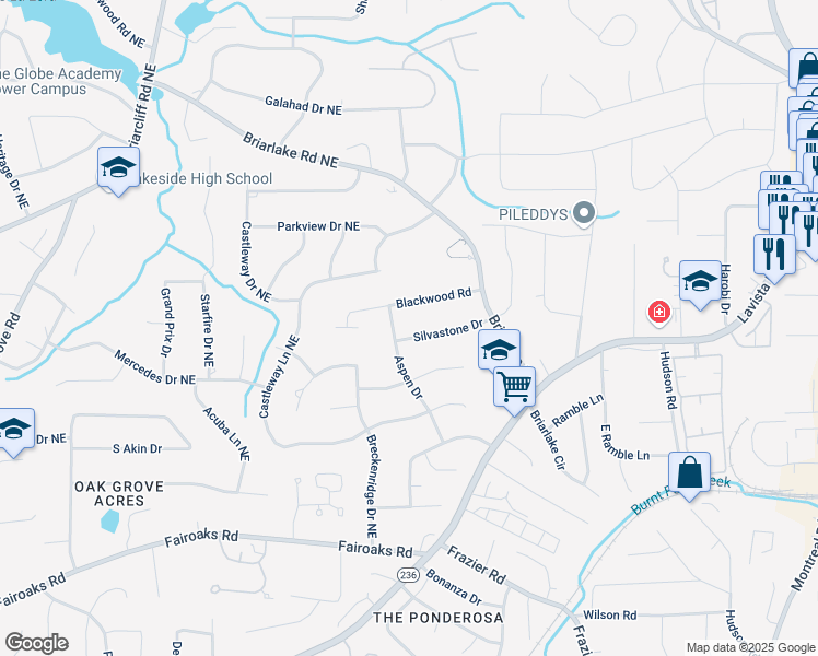map of restaurants, bars, coffee shops, grocery stores, and more near 1890 Silvastone Drive in Decatur