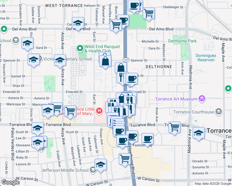 map of restaurants, bars, coffee shops, grocery stores, and more near 20725 Hawthorne Boulevard in Torrance