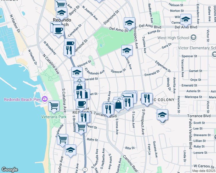 map of restaurants, bars, coffee shops, grocery stores, and more near 117 South Helberta Avenue in Redondo Beach