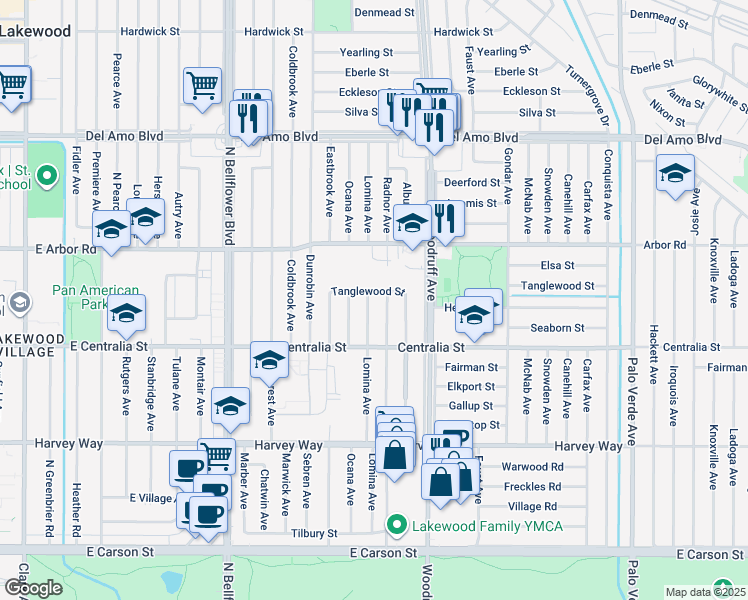 map of restaurants, bars, coffee shops, grocery stores, and more near 4562 Lomina Avenue in Lakewood