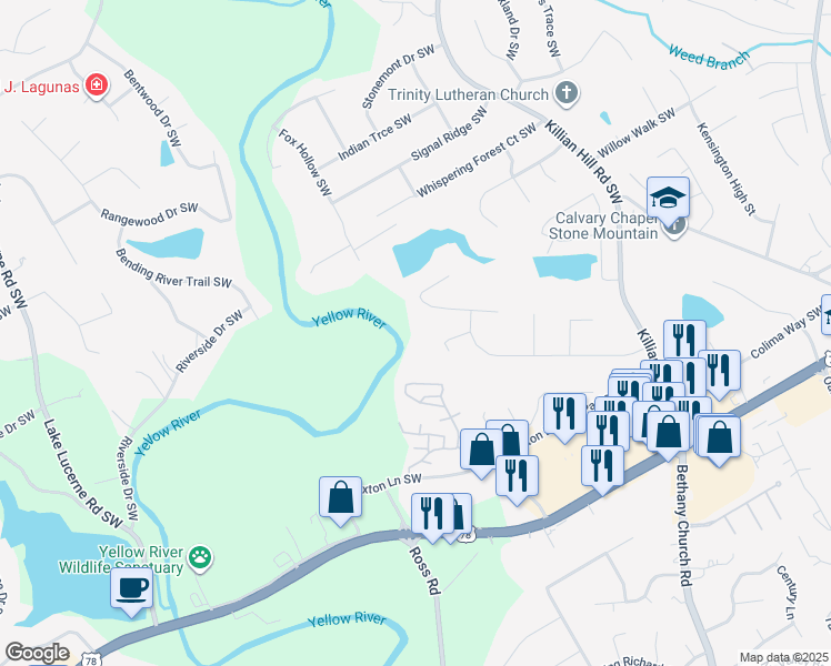 map of restaurants, bars, coffee shops, grocery stores, and more near 4188 Rocky Ledge Way in Snellville