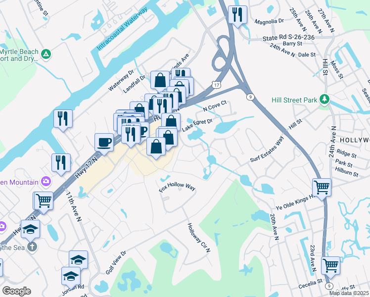 map of restaurants, bars, coffee shops, grocery stores, and more near 1506 Lake Egret Drive in North Myrtle Beach