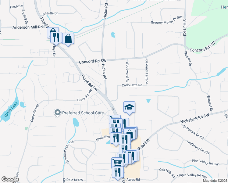 map of restaurants, bars, coffee shops, grocery stores, and more near 4627 Hicks Road in Mableton