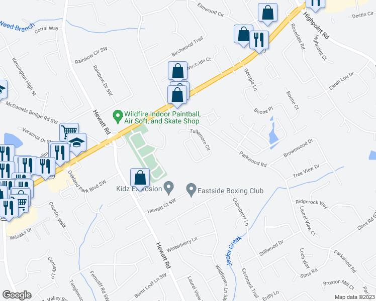 map of restaurants, bars, coffee shops, grocery stores, and more near Tullamore Circle in Snellville