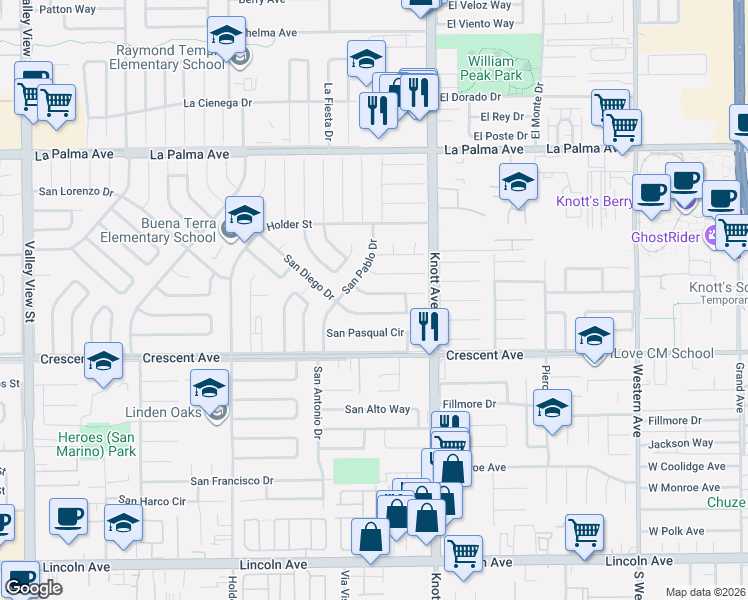 map of restaurants, bars, coffee shops, grocery stores, and more near 6882 San Paco Circle in Buena Park
