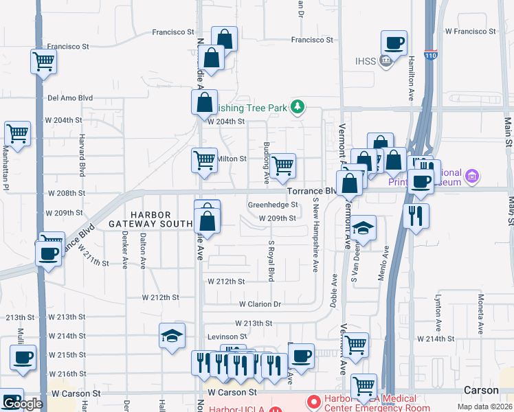 map of restaurants, bars, coffee shops, grocery stores, and more near 1118 West Greenhedge Street in Torrance