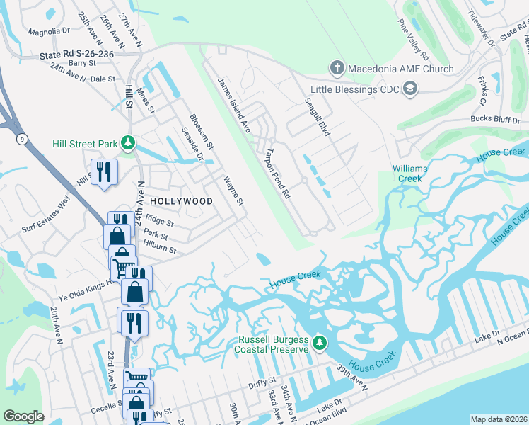 map of restaurants, bars, coffee shops, grocery stores, and more near 1020 Tarpon Pond Road in North Myrtle Beach