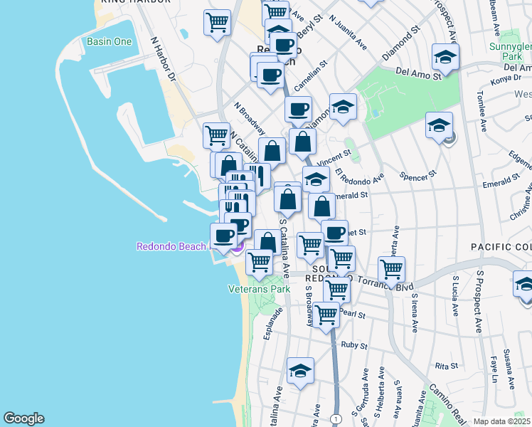 map of restaurants, bars, coffee shops, grocery stores, and more near in Redondo Beach