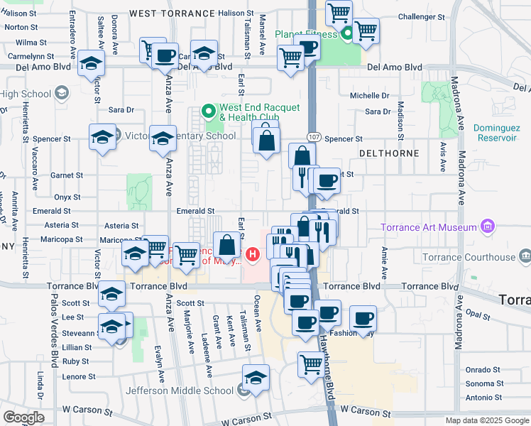 map of restaurants, bars, coffee shops, grocery stores, and more near 4015 Emerald Street in Torrance