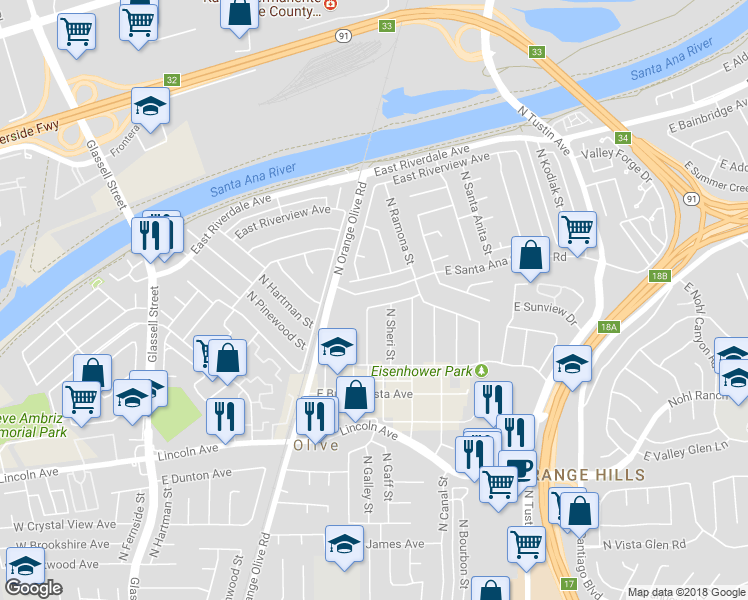 map of restaurants, bars, coffee shops, grocery stores, and more near 3064 North Skywood Street in Orange