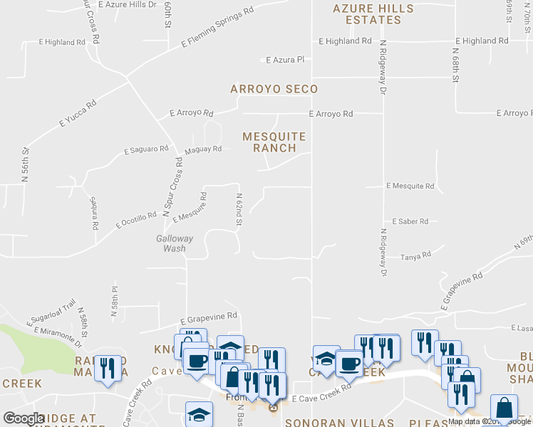 map of restaurants, bars, coffee shops, grocery stores, and more near 6303 East Mesquite Road in Cave Creek