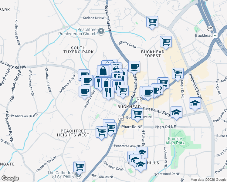 map of restaurants, bars, coffee shops, grocery stores, and more near 3188 Paces Ferry Place Northwest in Atlanta