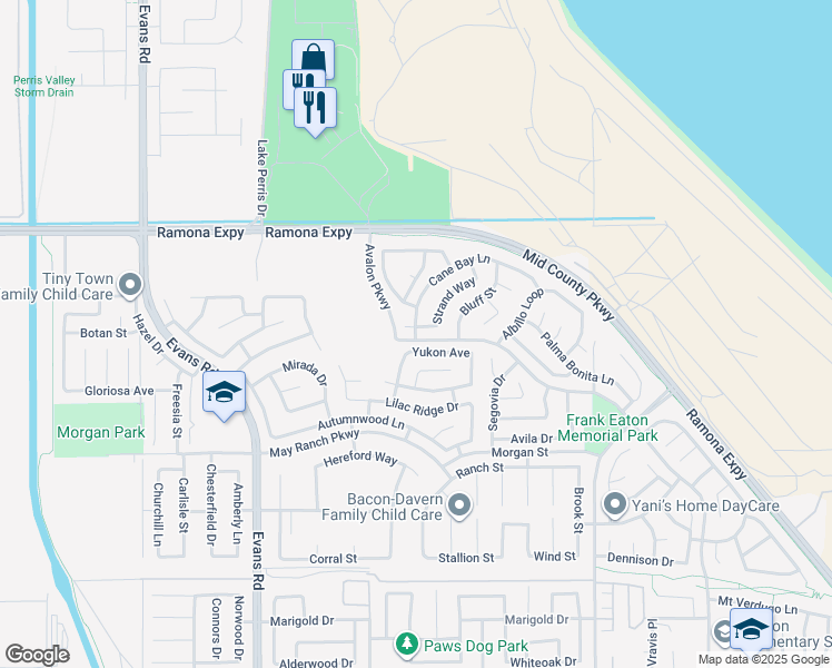 map of restaurants, bars, coffee shops, grocery stores, and more near 3888 Strand Way in Perris
