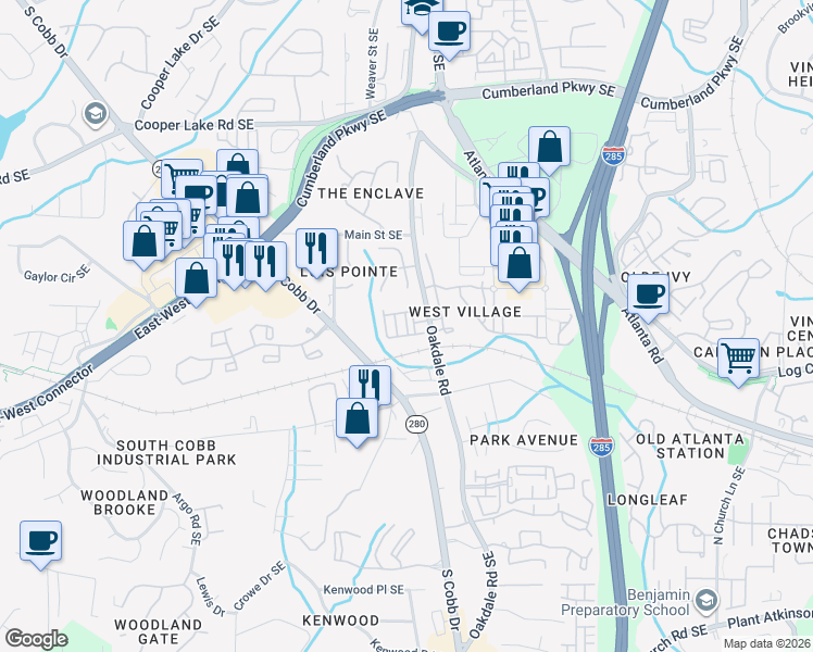 map of restaurants, bars, coffee shops, grocery stores, and more near 4668 West Village Drive in Smyrna