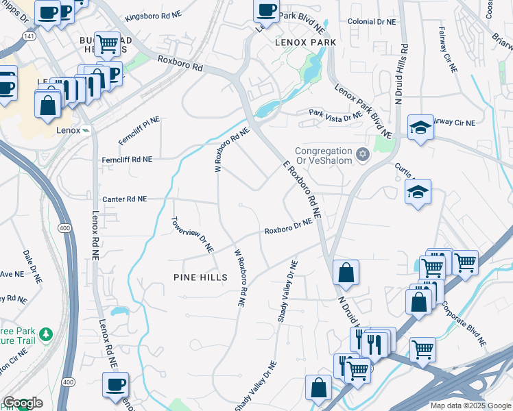 map of restaurants, bars, coffee shops, grocery stores, and more near 1979 Woodsdale Road Northeast in Atlanta