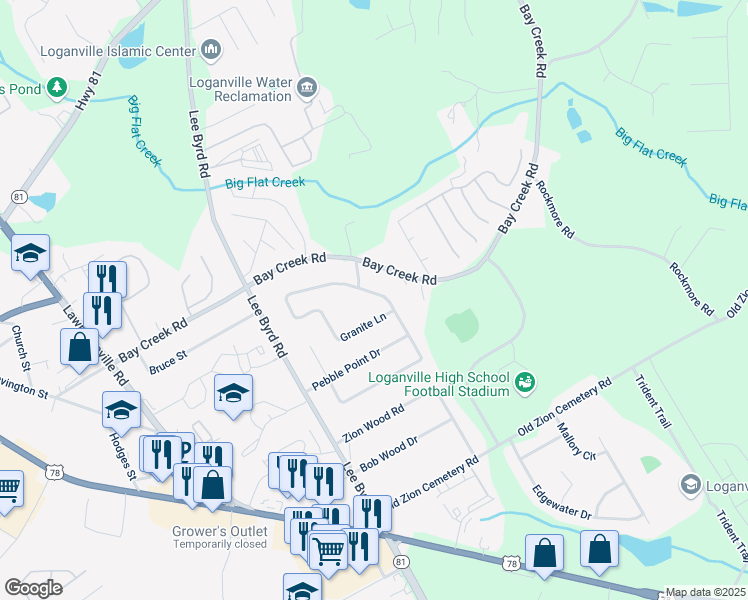 map of restaurants, bars, coffee shops, grocery stores, and more near 1128 Granite Lane in Loganville