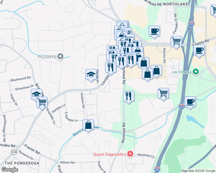 map of restaurants, bars, coffee shops, grocery stores, and more near 3825 Lavista Road in Tucker