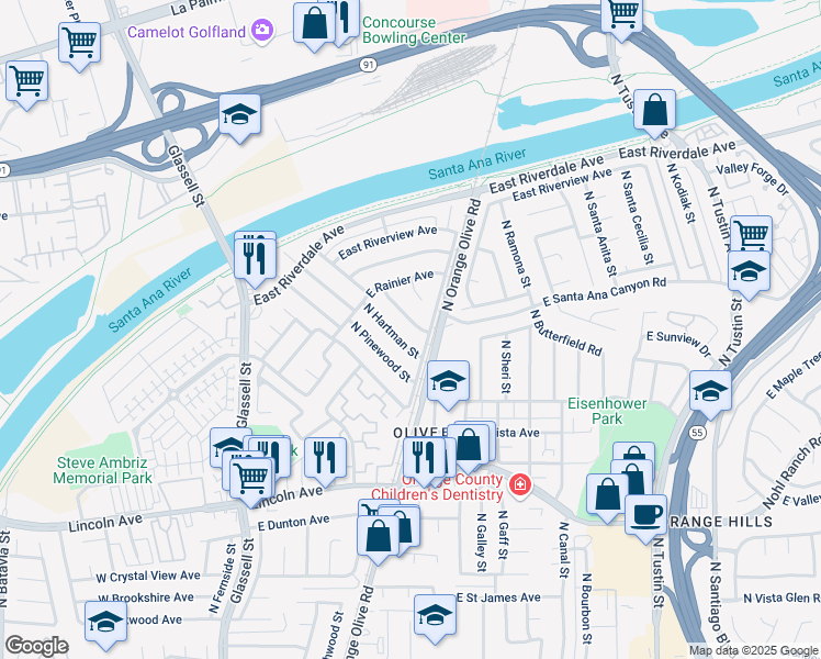 map of restaurants, bars, coffee shops, grocery stores, and more near 3112 North Hearthside Street in Orange