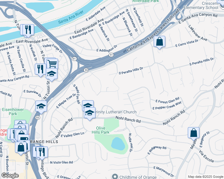 map of restaurants, bars, coffee shops, grocery stores, and more near 222 South Peralta Hills Drive in Anaheim