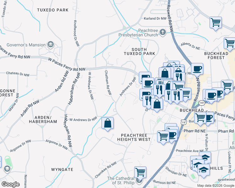 map of restaurants, bars, coffee shops, grocery stores, and more near 3152 Andrews Drive Northwest in Atlanta