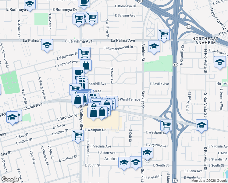 map of restaurants, bars, coffee shops, grocery stores, and more near 2233 East Center Street in Anaheim