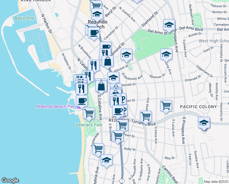 map of restaurants, bars, coffee shops, grocery stores, and more near 103 South Pacific Coast Highway in Redondo Beach