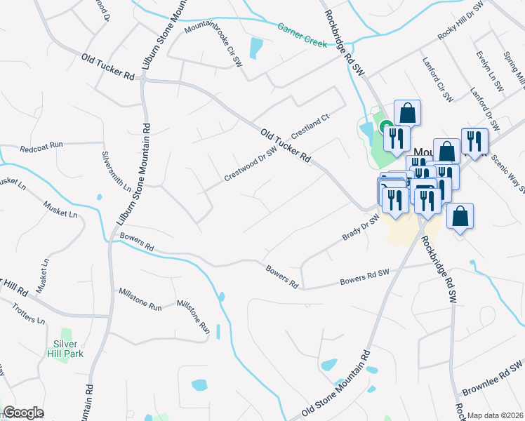 map of restaurants, bars, coffee shops, grocery stores, and more near 1091 Mountain Woods Court Southwest in Stone Mountain